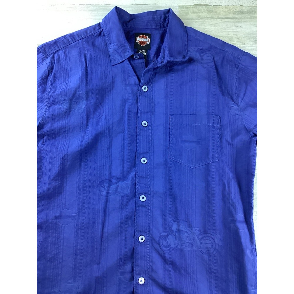 Harley Davidson Blue SS Mens Med Tone-on-Tone Motorcyle Graphics Button Up